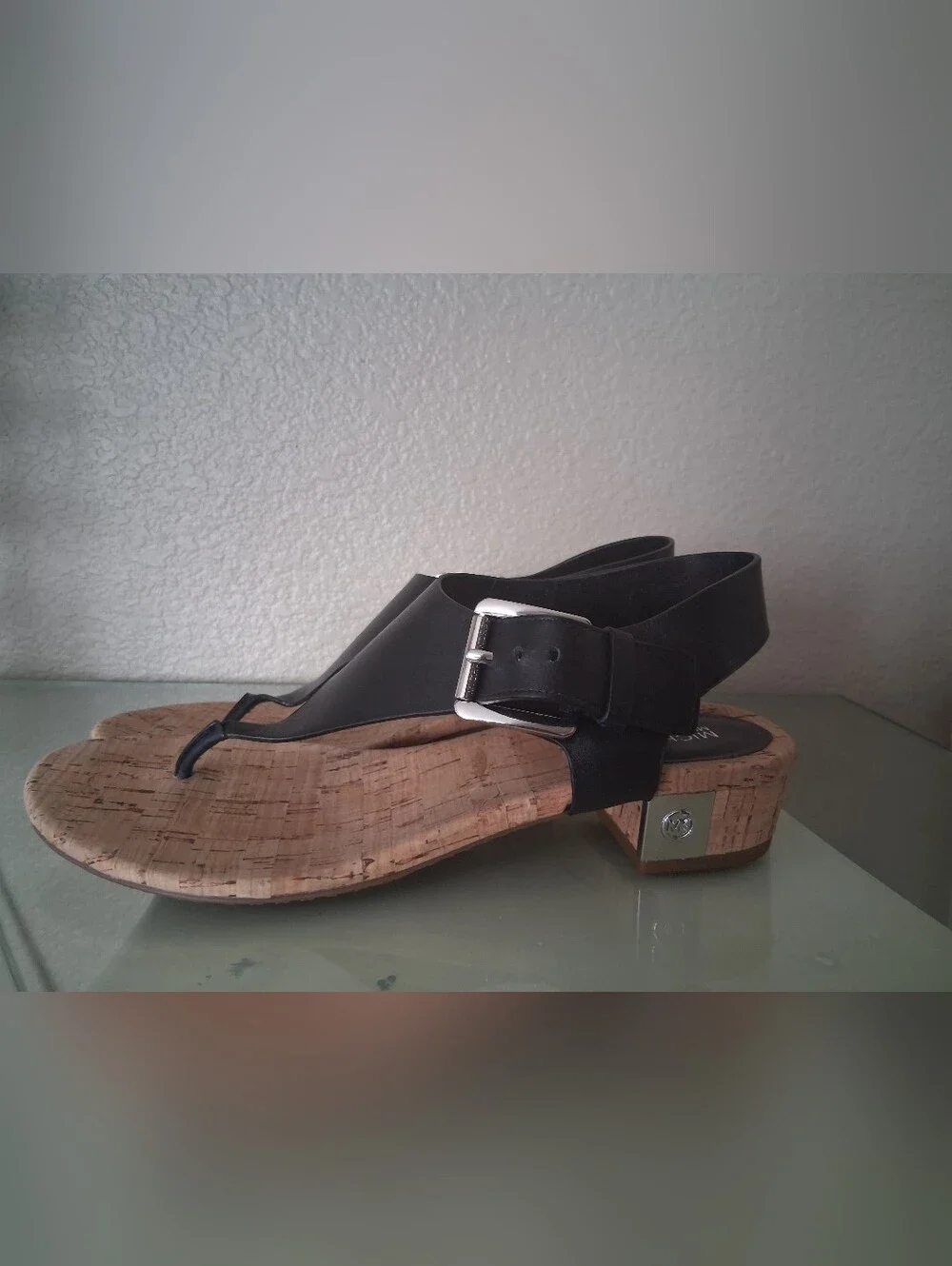 Michael Kors Black Leather London Thong Sandal with Cork Block Heel